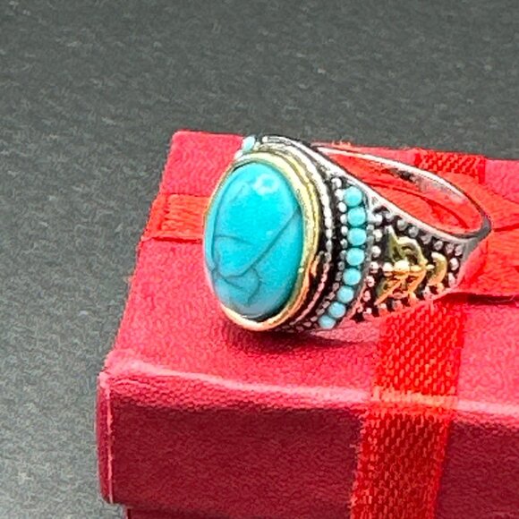 Jewelry Gifts Other - Turquoise Color Ring With Gold & Silver-Tone Intricate Design Unisex